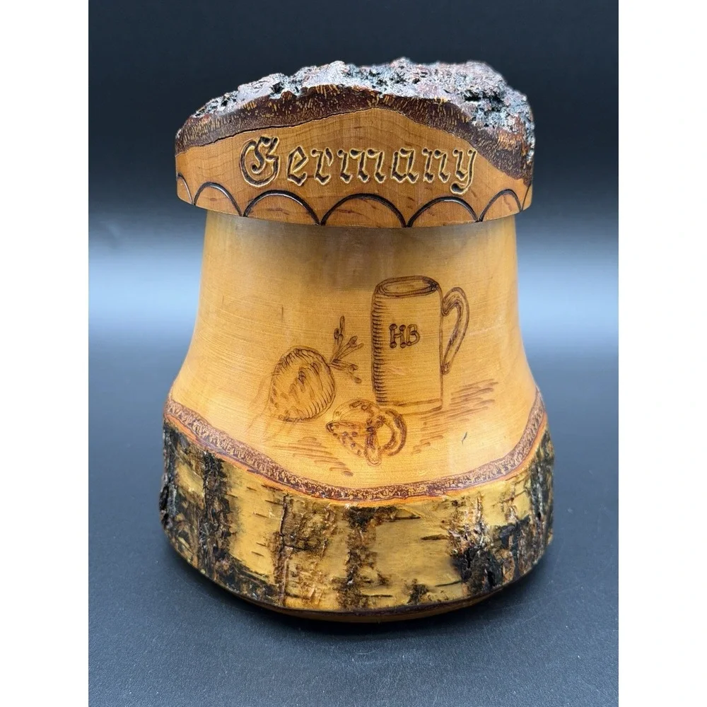 Vintage German Wooden Beer Stein Style Lidded Trinket Box Bark Rustic Bavaria